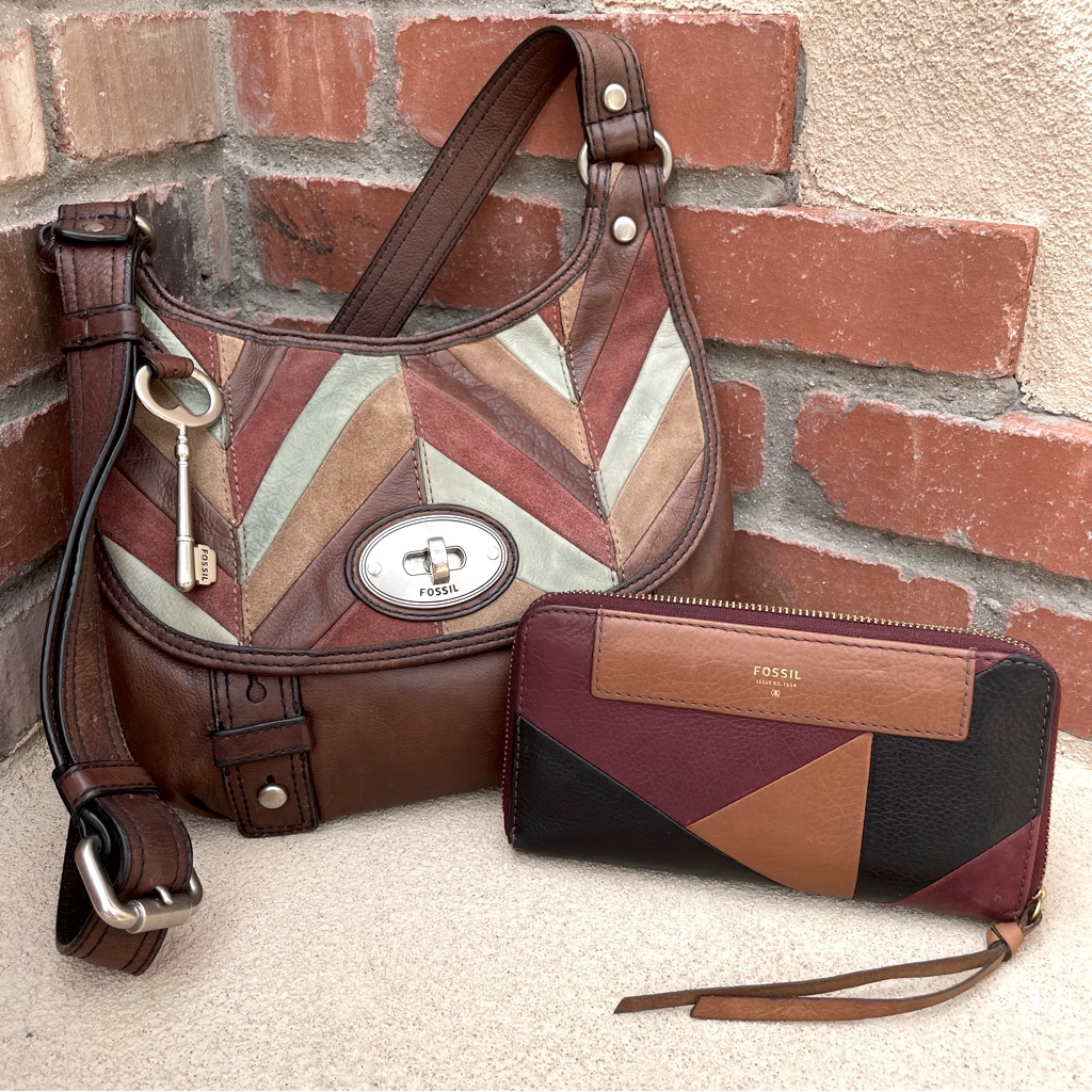 Fossil”Maddox”Bag Bundle Patchwork Multicolor Leather Suede Crossbody W/Wallet